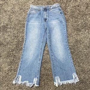 Classic Blue Wide Leg Jeans with Frayed Hem